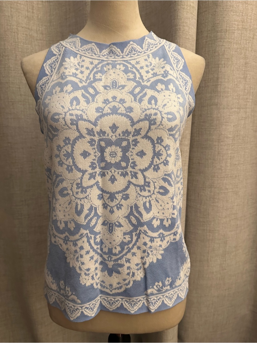 Ann Taylor Light Blue and White Medallion Knit Tank